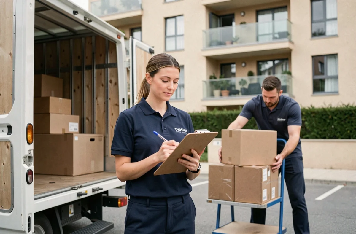 Coordinatrice LM Déménagements vérifiant une liste de contrôle devant un camion de déménagement
