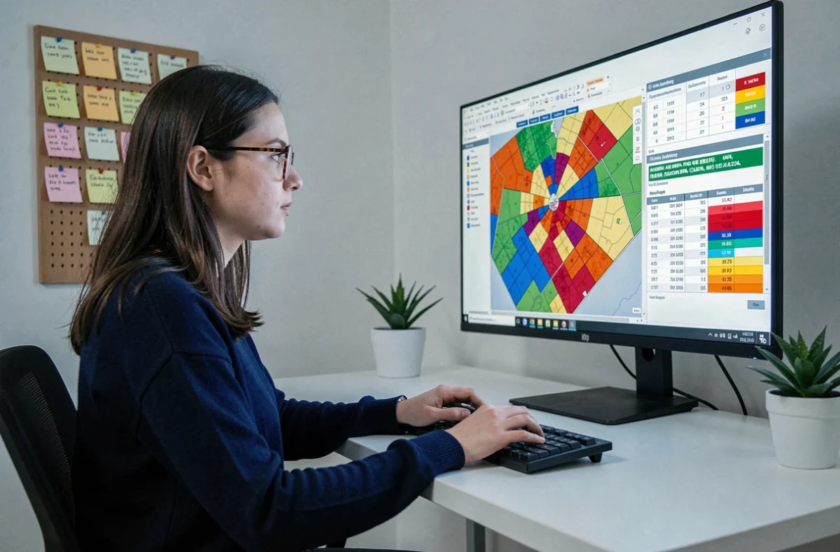 Une jeune femme utilise un logiciel SIG sur ordinateur pour convertir des hectares en kilomètres carrés avec des tableaux de conversion cartographique