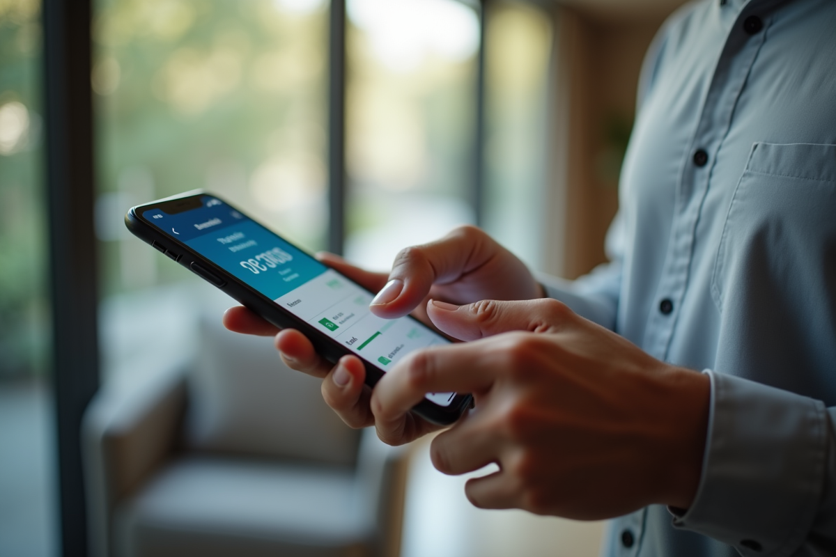 Main masculine vérifiant son solde bancaire sur smartphone