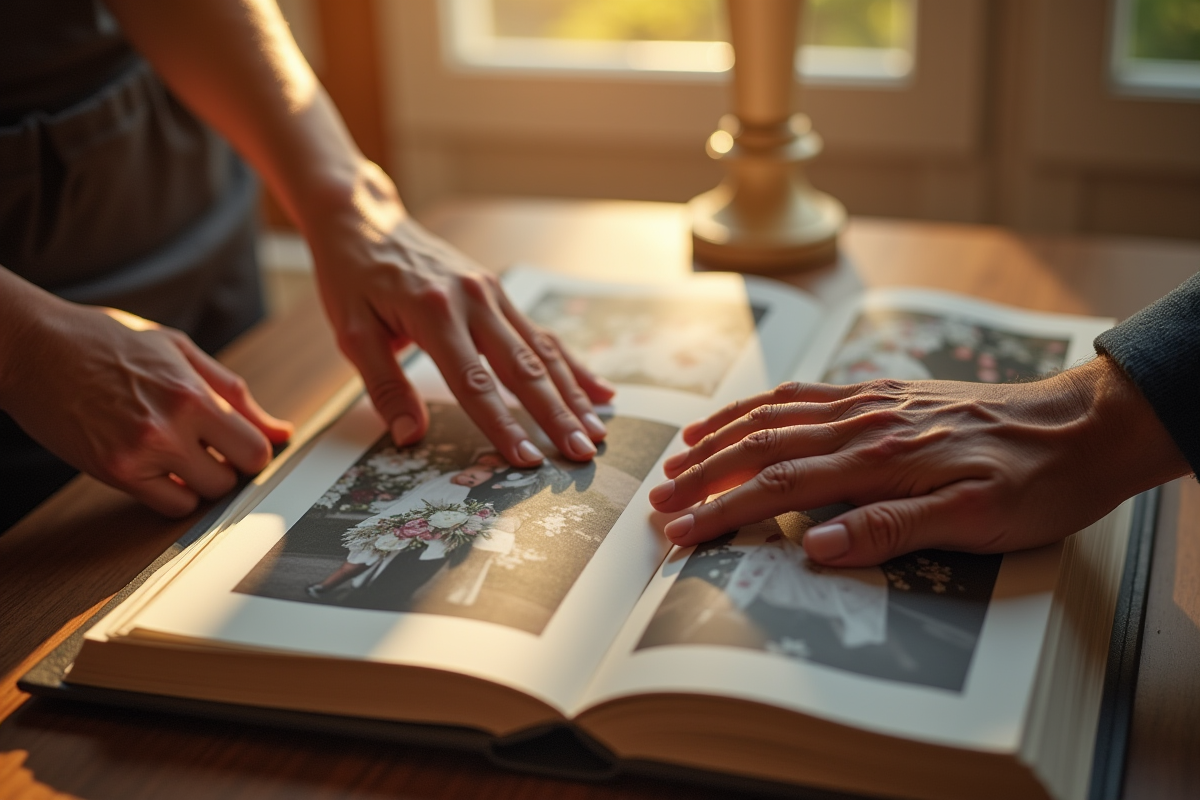 Mains ridées touchant un album de mariage sur une table en bois