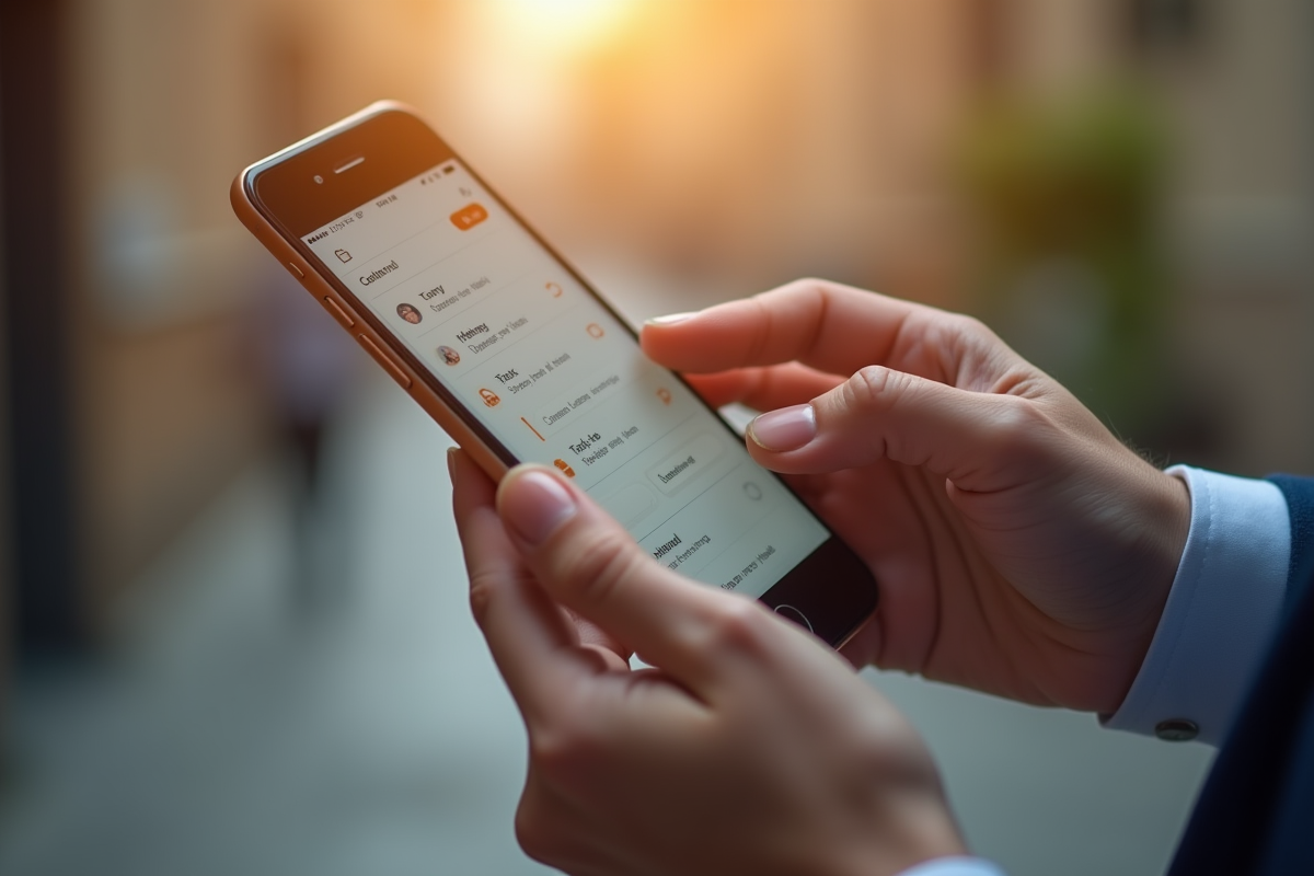 Mains tenant un smartphone avec application de gestion de tâches