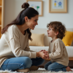 Maman et son enfant sourient dans un salon chaleureux