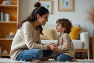 Maman et son enfant sourient dans un salon chaleureux