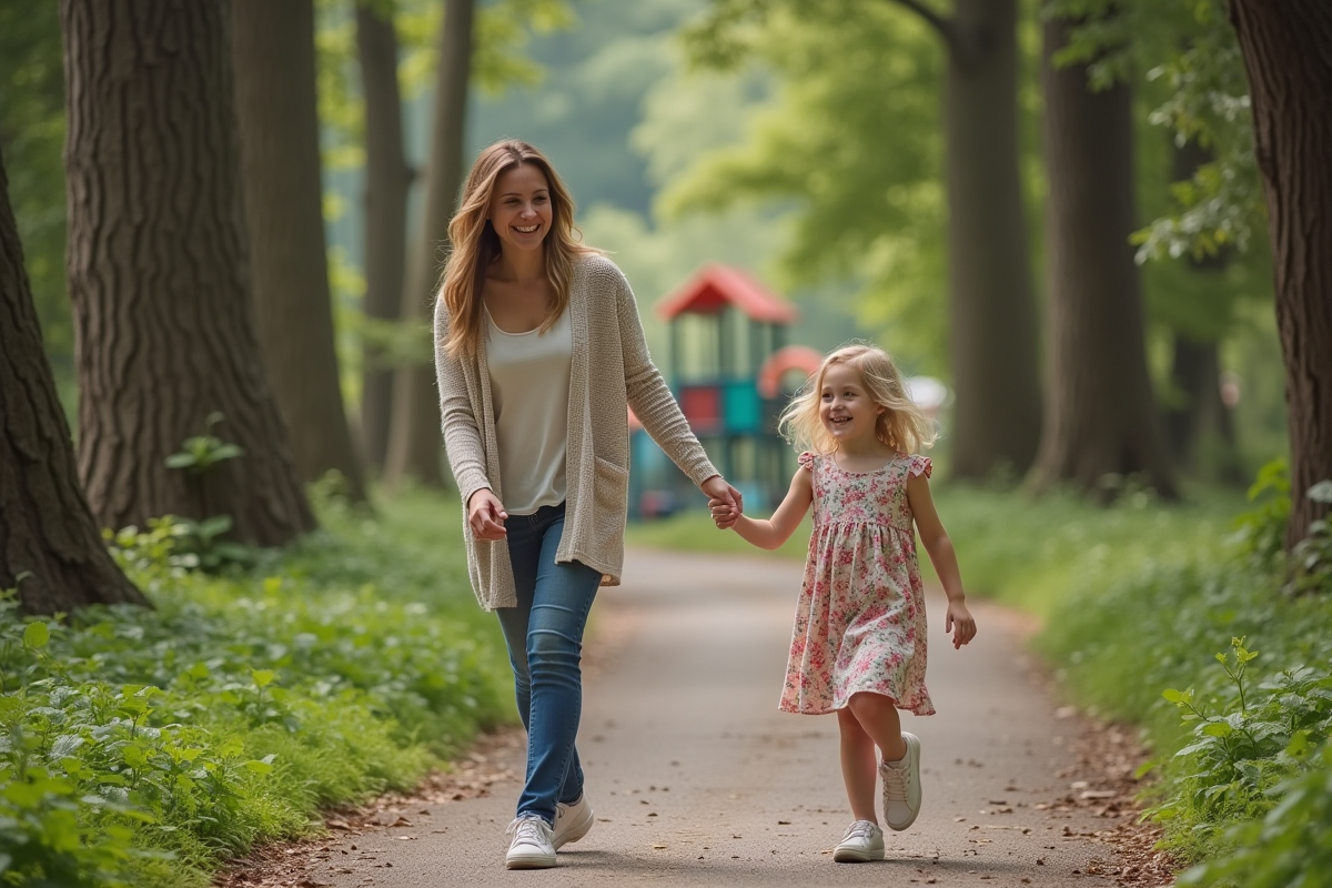 Mère et fille marchant main dans la main en forêt