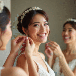 Mariée souriante avec bandeau de perles dans la suite nuptiale