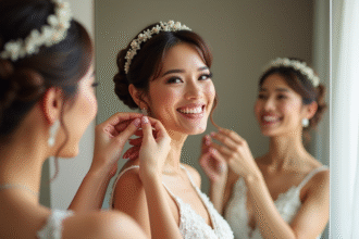 Mariée souriante avec bandeau de perles dans la suite nuptiale