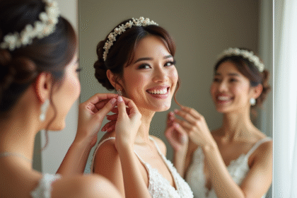 Mariée souriante avec bandeau de perles dans la suite nuptiale