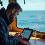 Kystographiste en mer enregistrant des données sur une tablette