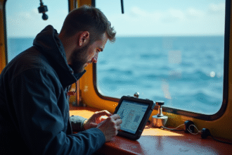 Kystographiste en mer enregistrant des données sur une tablette