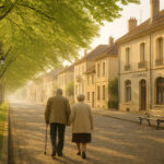 Couple âgé se promenant dans une rue arborée à Oyonnax