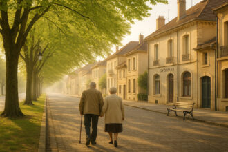 Couple âgé se promenant dans une rue arborée à Oyonnax