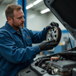 Mécanicien homme en coveralls changeant un volant moteur dans un garage