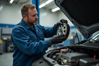 Mécanicien homme en coveralls changeant un volant moteur dans un garage
