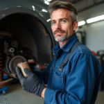 Mécanicien homme en overalls bleus inspectant suspension auto