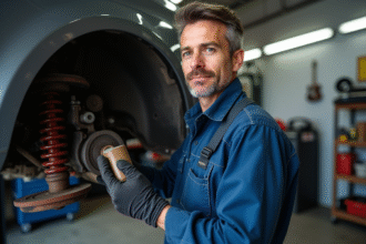 Mécanicien homme en overalls bleus inspectant suspension auto