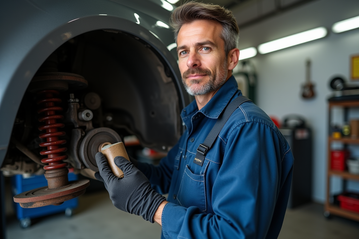 Mécanicien homme en overalls bleus inspectant suspension auto