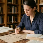 Femme étudiant la chronologie des rois de France avec des notes manuscrites dans une bibliothèque
