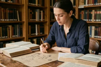 Femme étudiant la chronologie des rois de France avec des notes manuscrites dans une bibliothèque