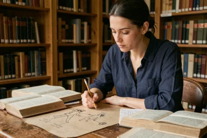 Femme étudiant la chronologie des rois de France avec des notes manuscrites dans une bibliothèque