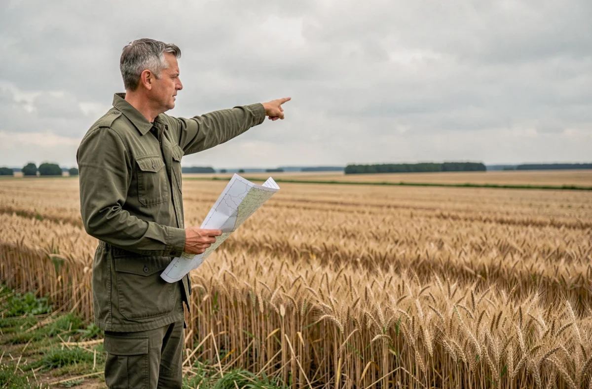 Un homme en extérieur tient une carte foncière dans un paysage agricole illustrant l'échelle des grandes surfaces en hectares et kilomètres carrés