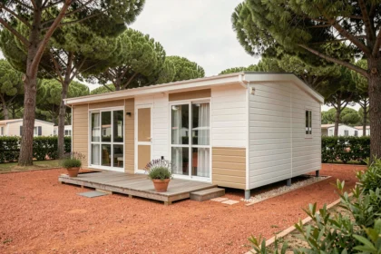 Mobil-home français moderne installé dans un camping provençal entouré de pins méditerranéens et d'allées en gravier