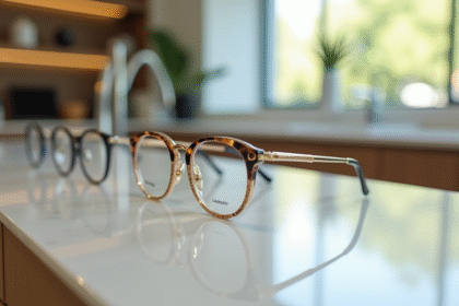 Vitrine avec montres et lunettes de luxe en lumière naturelle