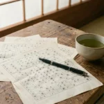 Grille de mots fléchés japonais sur une table en bois avec une tasse de thé vert et un stylo à encre
