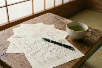 Grille de mots fléchés japonais sur une table en bois avec une tasse de thé vert et un stylo à encre