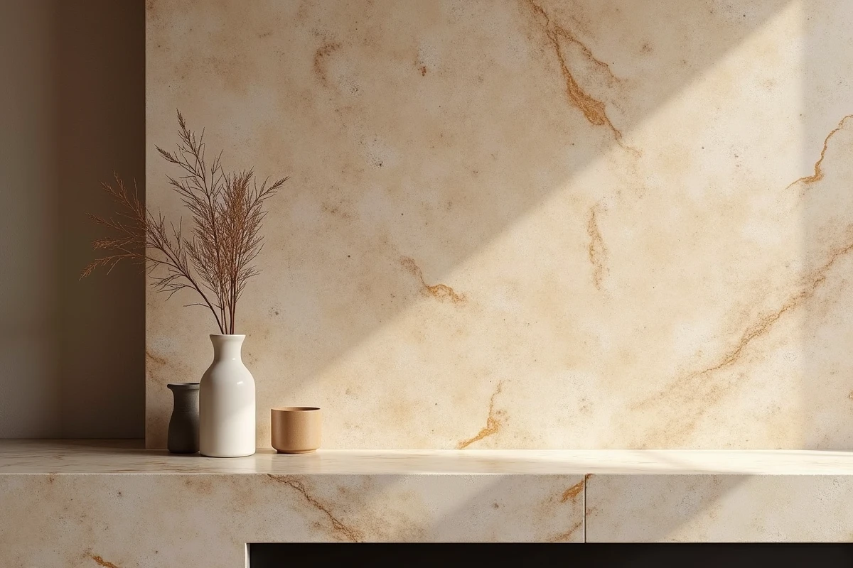 Mur en travertin naturel autour d'une cheminée minimaliste avec décoration sobre dans un salon contemporain