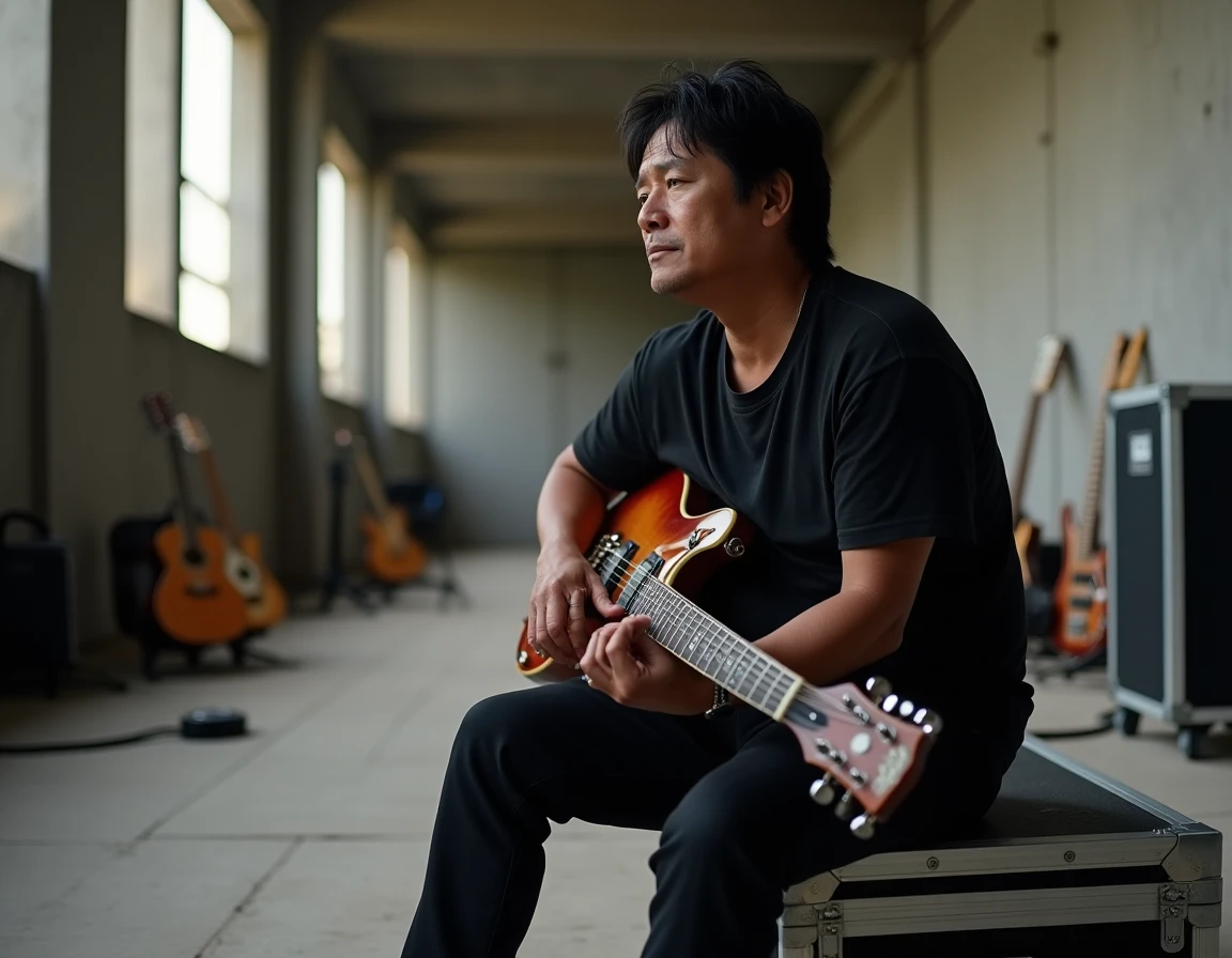 Musicien rock introspectif assis en coulisses avec une guitare électrique, atmosphère documentaire underground