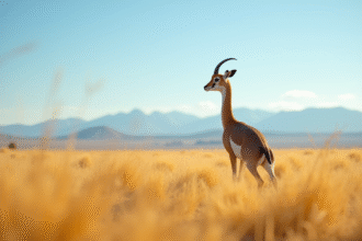 Nandou dans une prairie dorée sous un ciel bleu lumineux