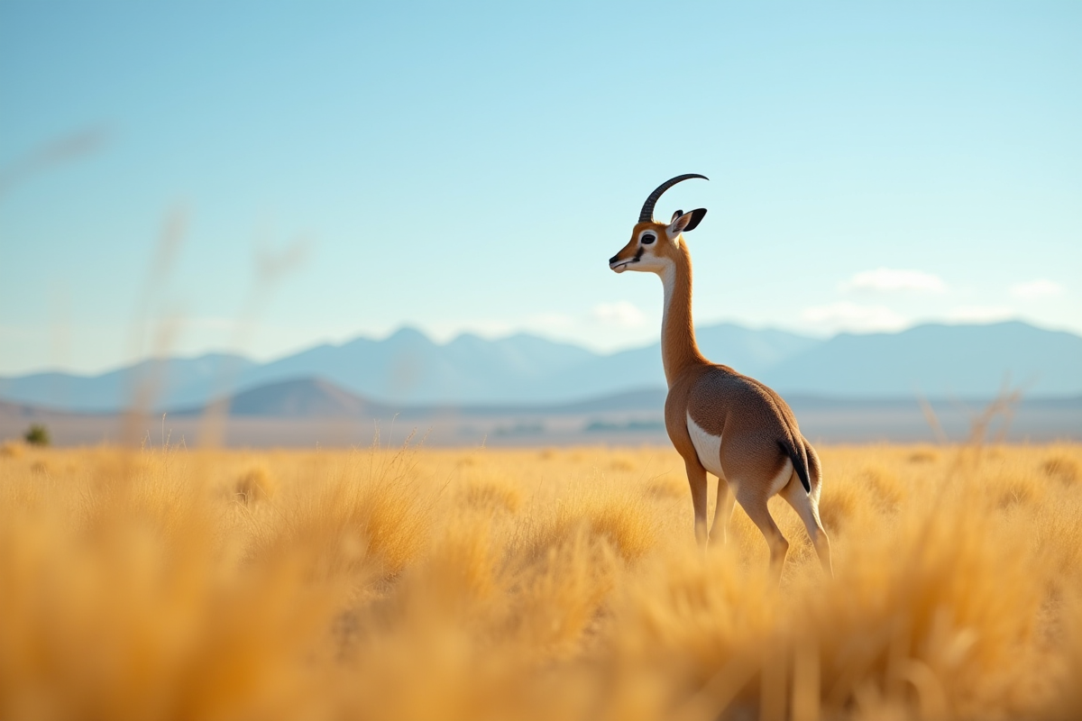Nandou dans une prairie dorée sous un ciel bleu lumineux