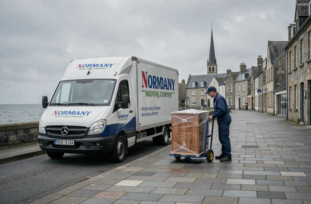 Camion Normandie Déménagements sur une promenade côtière normande avec un déménageur et un diable