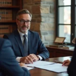 Notaire en costume expliquant des documents à un couple