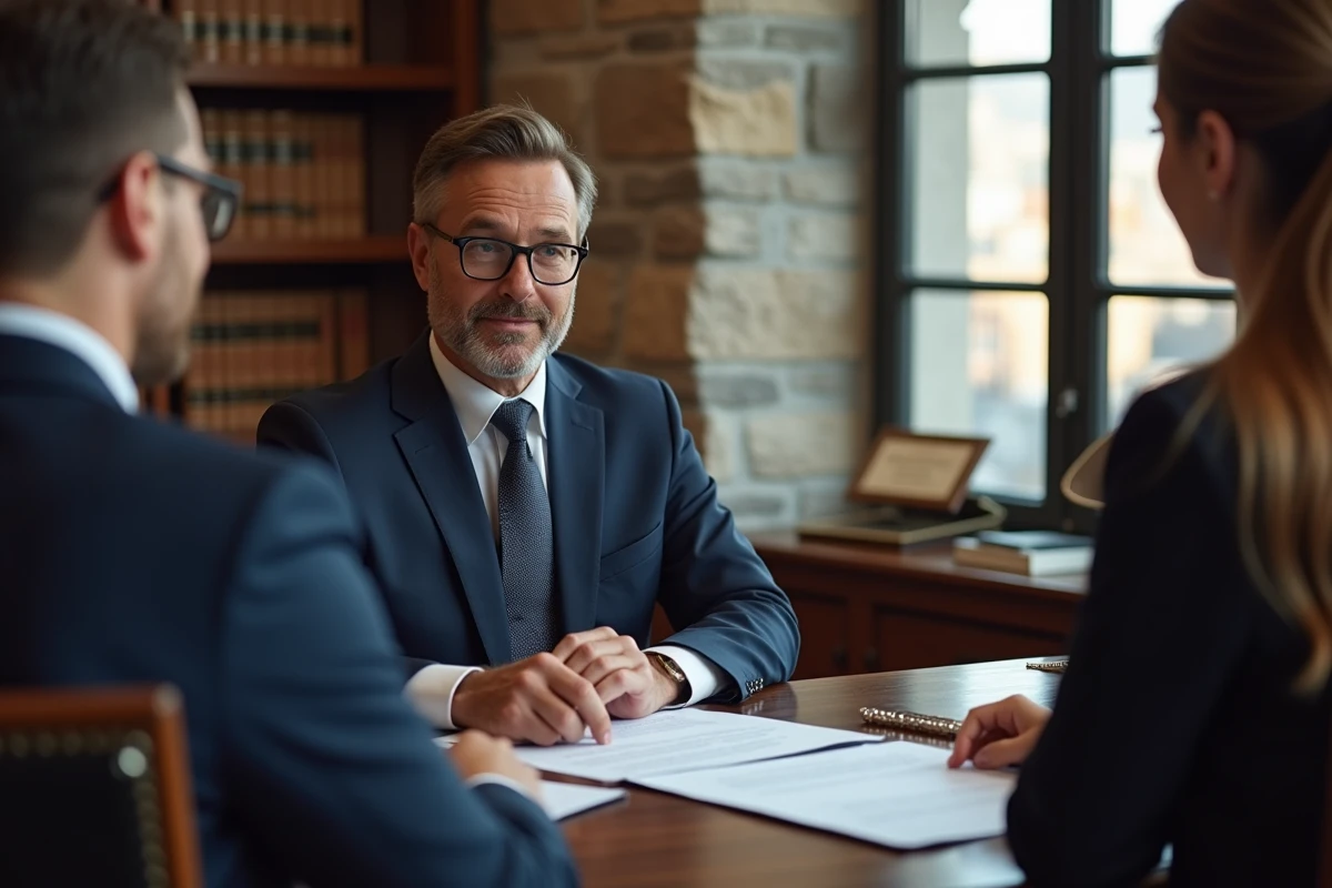 Notaire en costume expliquant des documents à un couple