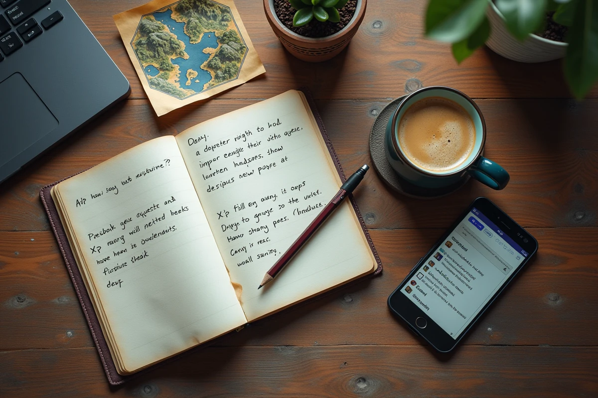 Vue de dessus d'un bureau de joueur avec notes manuscrites sur l'XP et les récompenses de chasses Dofus, carte de zone et tasse de café