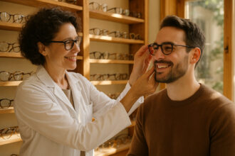 Opticien indépendant ajustant des lunettes dans une boutique chaleureuse
