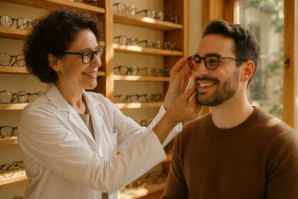 Opticien indépendant ajustant des lunettes dans une boutique chaleureuse
