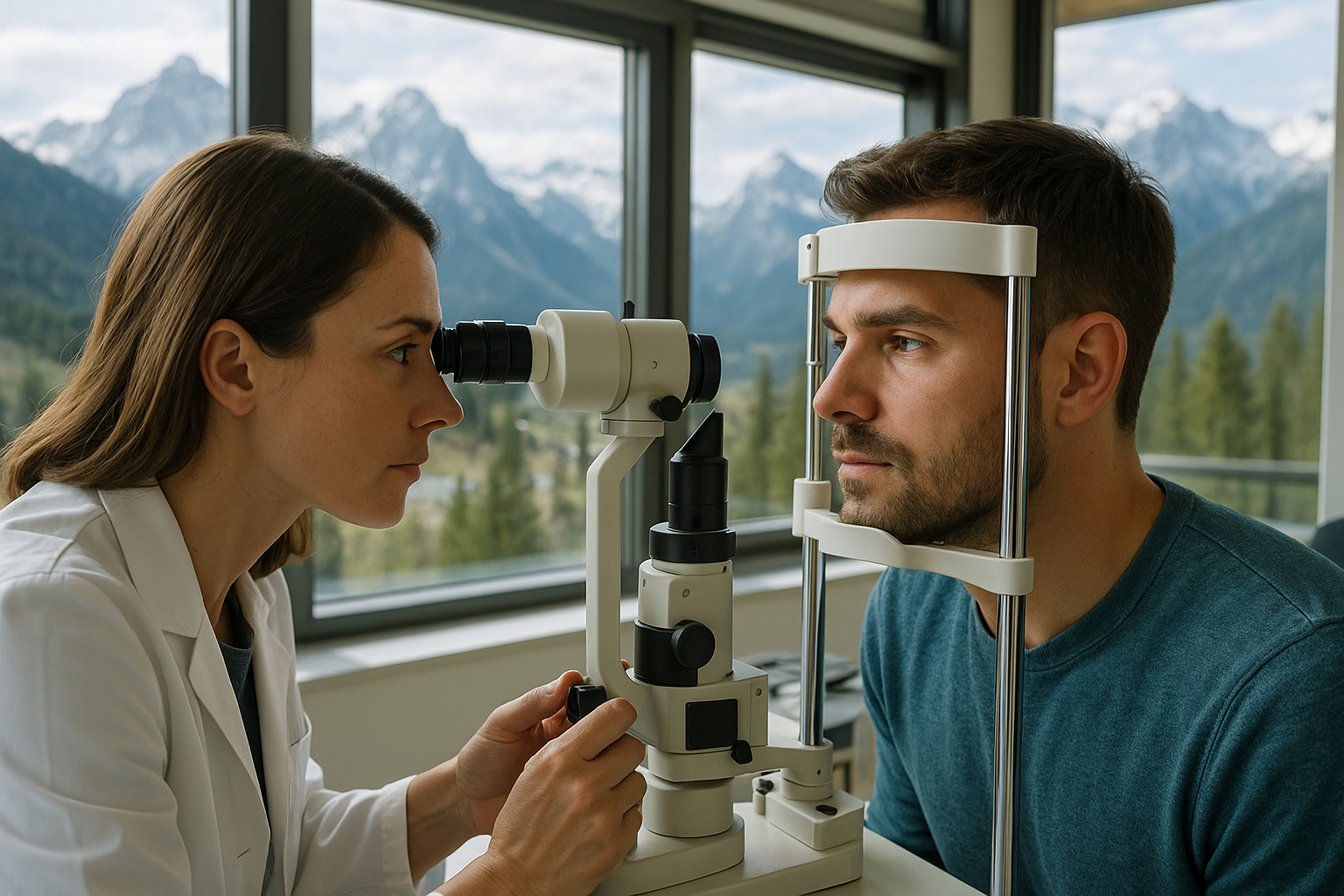 Optometristes examinant un homme dans une clinique alpine lumineuse