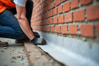Ouvrier posant une bande d arase à la base d un mur en briques