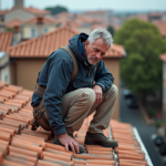 Ouvrier sur toit en tuiles terracotta à Toulouse