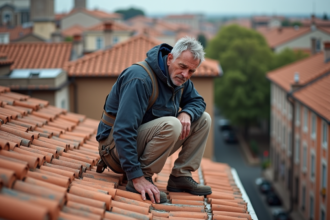 Ouvrier sur toit en tuiles terracotta à Toulouse