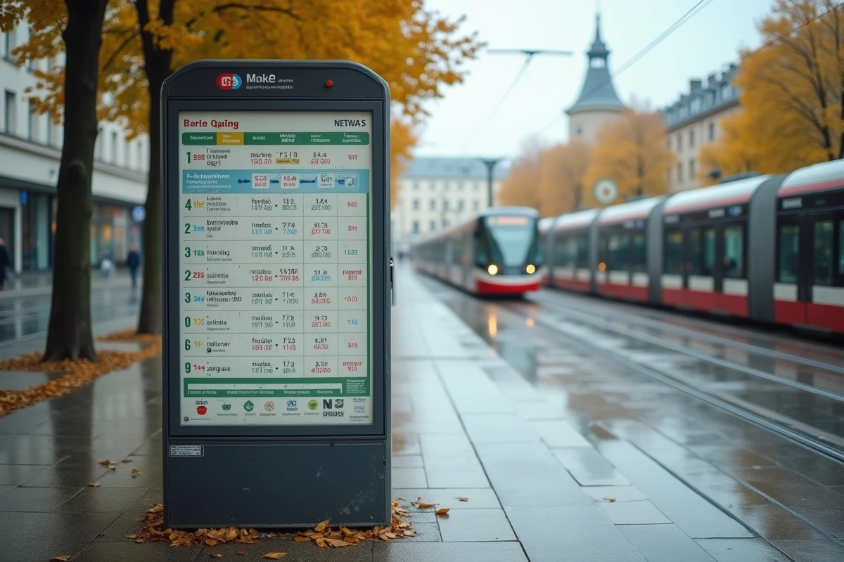 Panneau d'horaires et de lignes de tram affiché à un arrêt de tramway de Nantes avec les plages horaires matin et soir