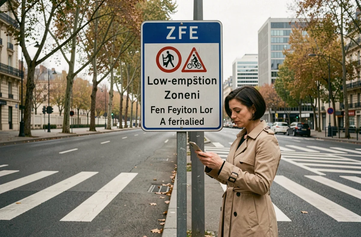 Femme consultant son téléphone devant un panneau de zone à faibles émissions en ville