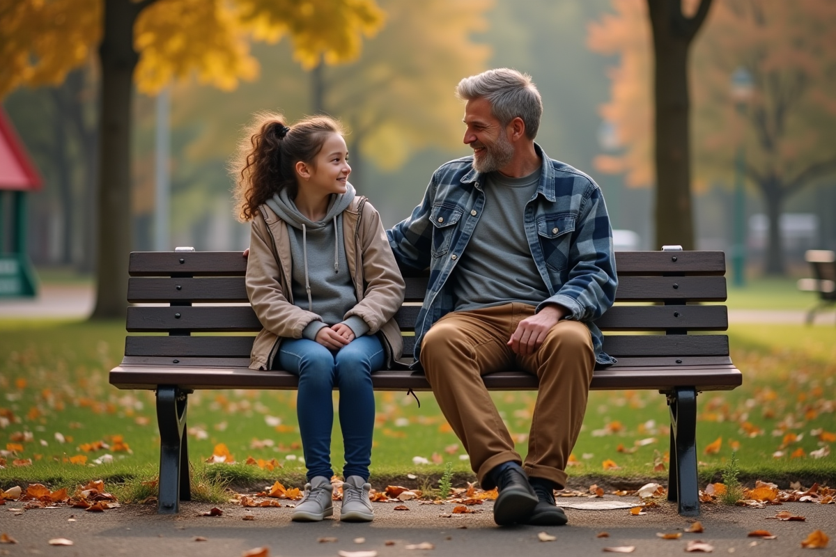 Père et fille discutent dans un parc en automne