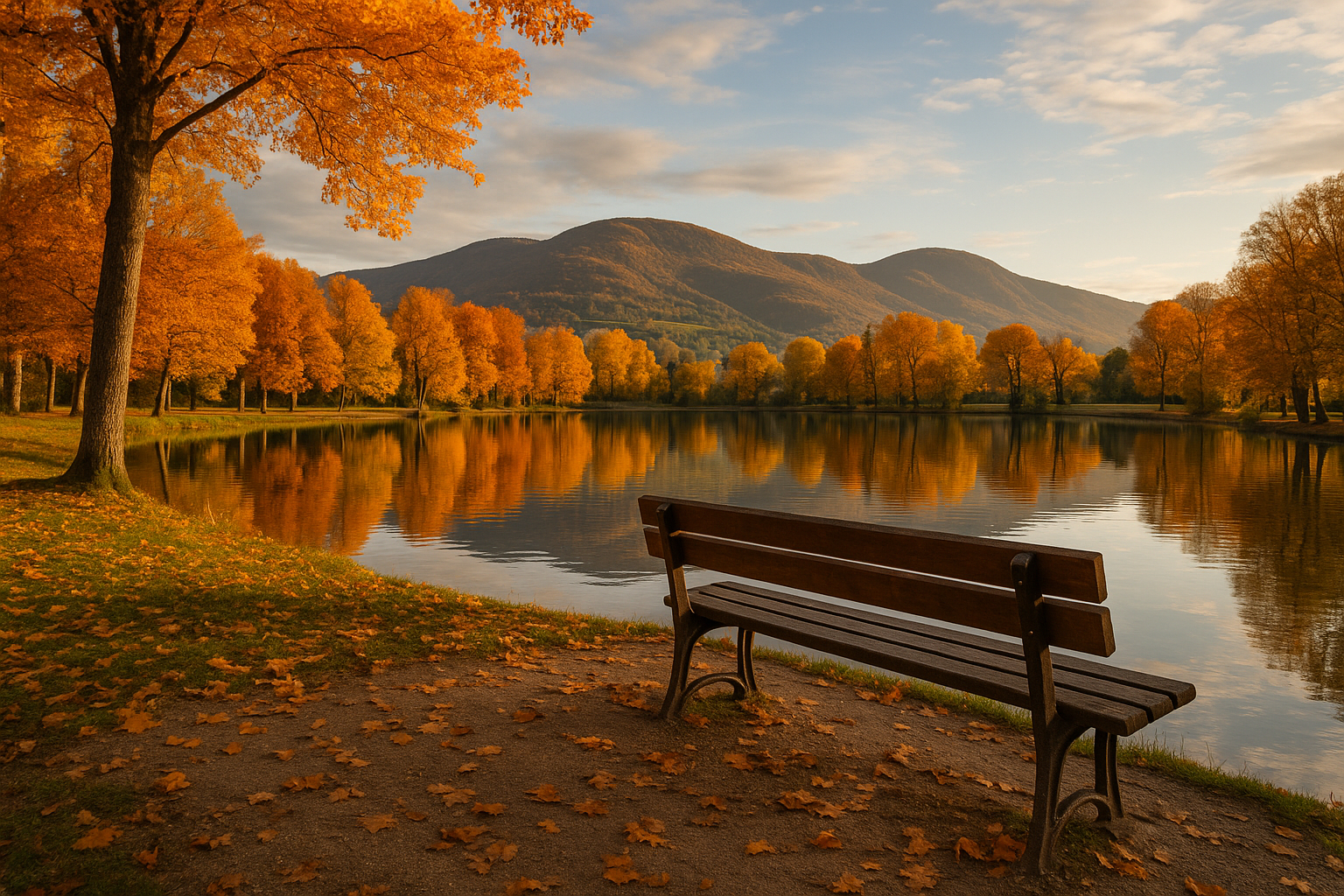 Banc en bois face à un lac aux couleurs automnales à Oyonnax