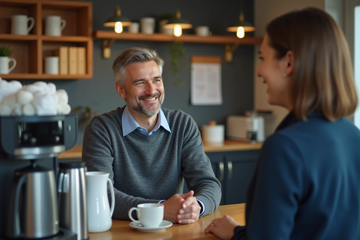 Homme en pause café discutant avec un collègue