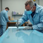 Homme peignant un panneau métallique avec un aérographe dans un atelier moderne