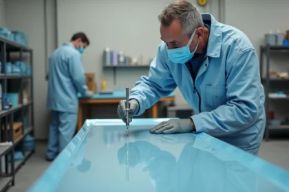 Homme peignant un panneau métallique avec un aérographe dans un atelier moderne