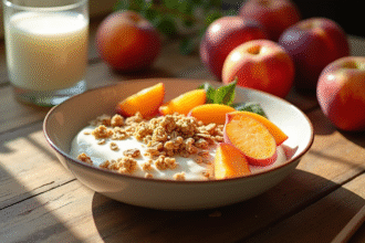 Petit déjeuner avec nectarines et yogourt crémeux